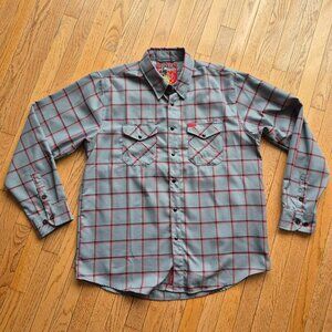 Dixxon "Smoke Eater" Shirt Flannel Mens XL Gray Red Plaid Pearl Snap Flap Pocket